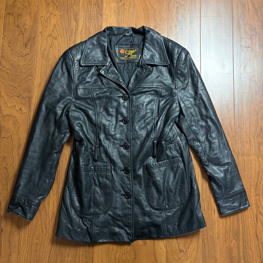 Suzies Fashion Vintage Black Genuine Leather Jacket Womens Large Shoulder Pads